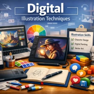 High-quality course image for Digital Illustration Techniques with digital art visuals