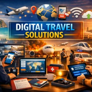 Professional Digital Travel Solutions course banner showing travel technology, booking apps, and global connectivity
