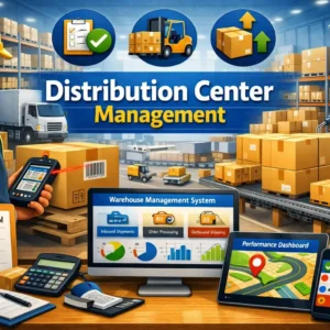 Professional course image showing Distribution Center Management and warehouse operations