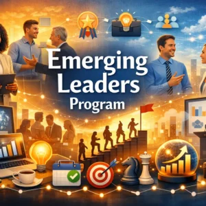 Educational banner for Emerging Leaders Program course with leadership and teamwork visuals
