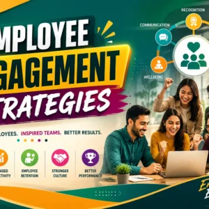 Educational banner for Employee Engagement Strategies course with teamwork and motivation visuals