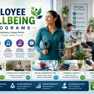 Educational banner for Employee Wellbeing Programs course with wellness and workplace support visuals