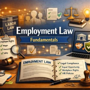 Professional Employment Law Fundamentals course image with legal and workplace visuals