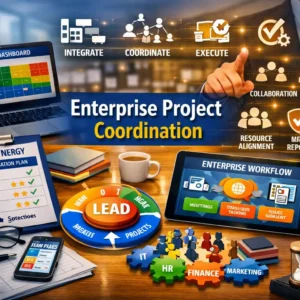 Professional Enterprise Project Coordination course image with workflow and collaboration visuals