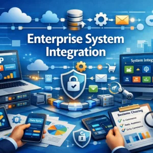 Educational banner for Enterprise System Integration course with servers, ERP, and data flow visuals