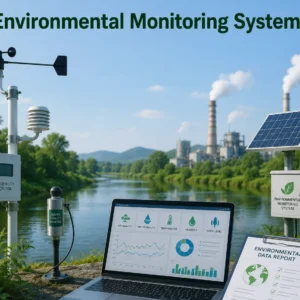 High-quality educational banner for Environmental Monitoring Systems course showing sensors and data analysis visuals