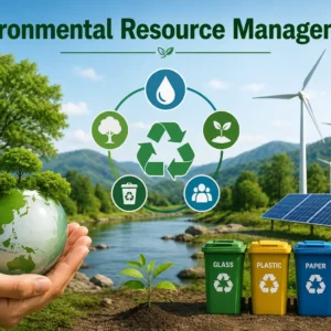 Students learning Environmental Resource Management using digital tools and sustainability visuals