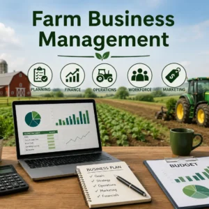 Educational banner for Farm Business Management course with modern e-learning visuals