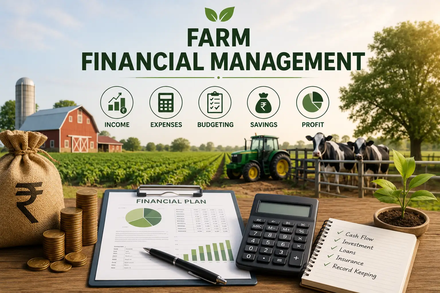 Professional banner showing Farm Financial Management with finance and agriculture visuals