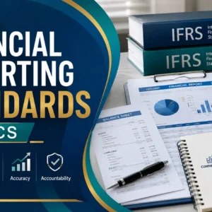 Educational banner for Financial Reporting Standards Basics course with accounting and compliance visuals