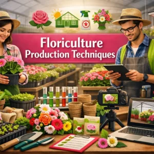 Modern educational banner for Floriculture Production Techniques course showing greenhouse and flower cultivation tools