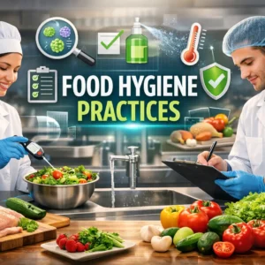 High-quality educational banner for Food Hygiene Practices showing safe food handling and hygiene tools