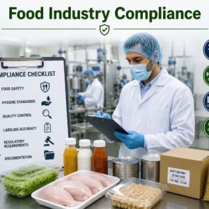 Modern educational banner for Food Industry Compliance showing food safety and regulatory management visuals