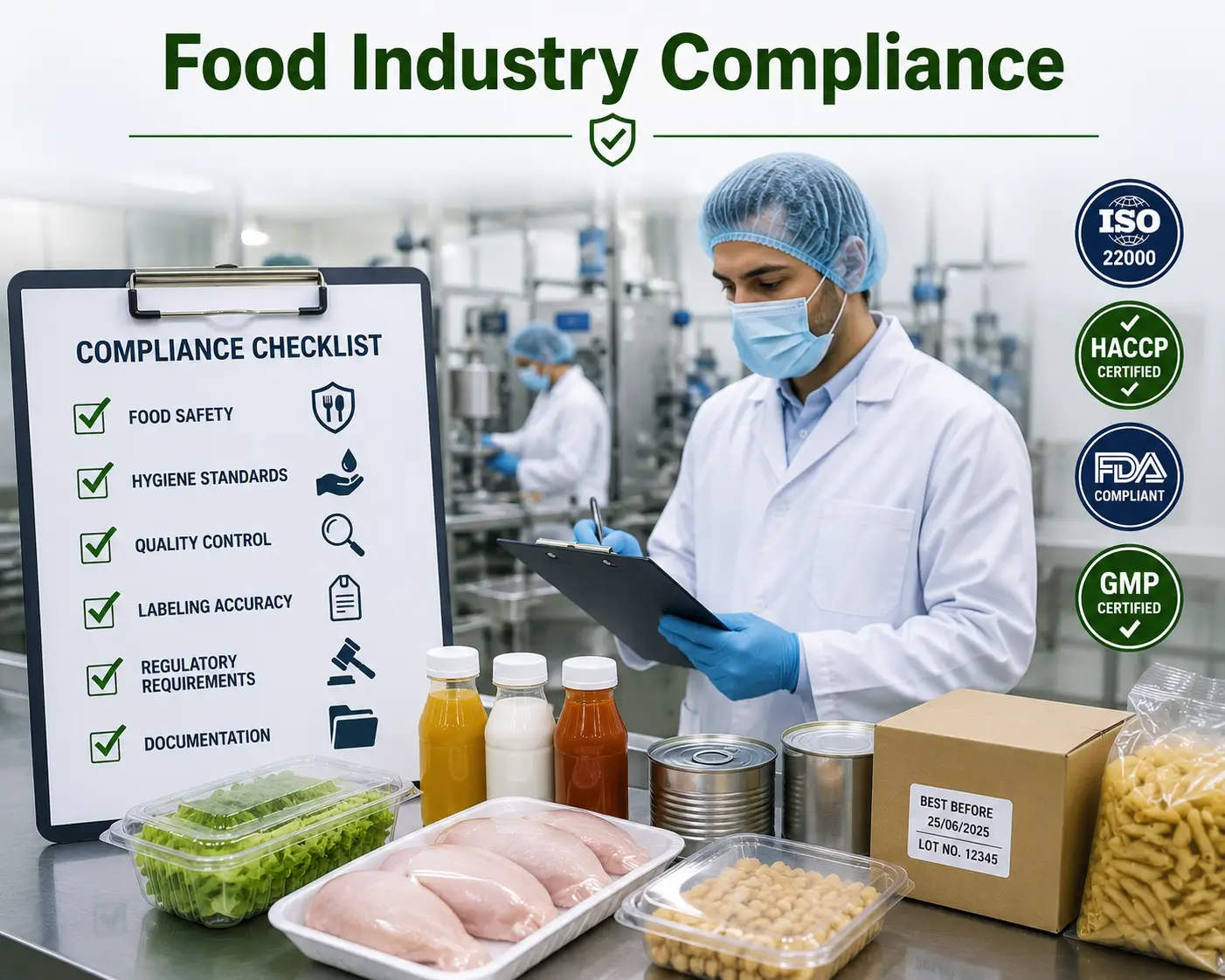 Modern educational banner for Food Industry Compliance showing food safety and regulatory management visuals
