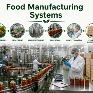 Professional banner showing Food Manufacturing Systems with factory and automation visuals
