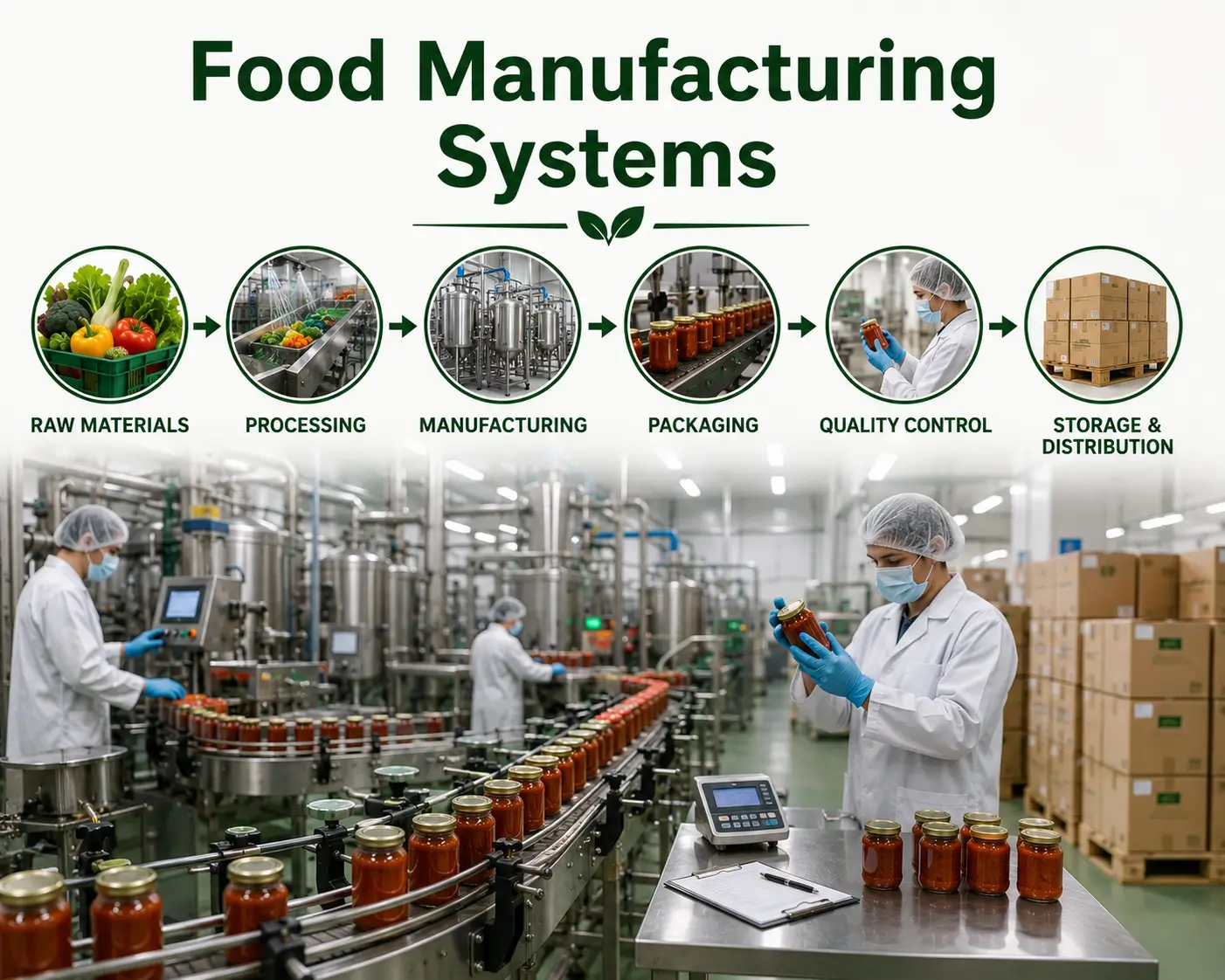 Professional banner showing Food Manufacturing Systems with factory and automation visuals