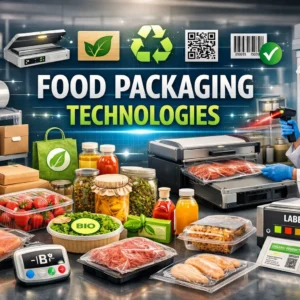 Educational banner for Food Packaging Technologies showing modern packaging machines and eco‑friendly materials