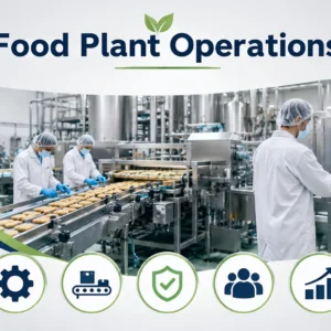 Modern educational banner for Food Plant Operations showing machinery and food production workflow