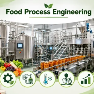 Modern educational banner for Food Process Engineering showing food machinery and process workflows