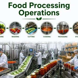 Professional banner showing Food Processing Operations with industrial and laboratory visuals