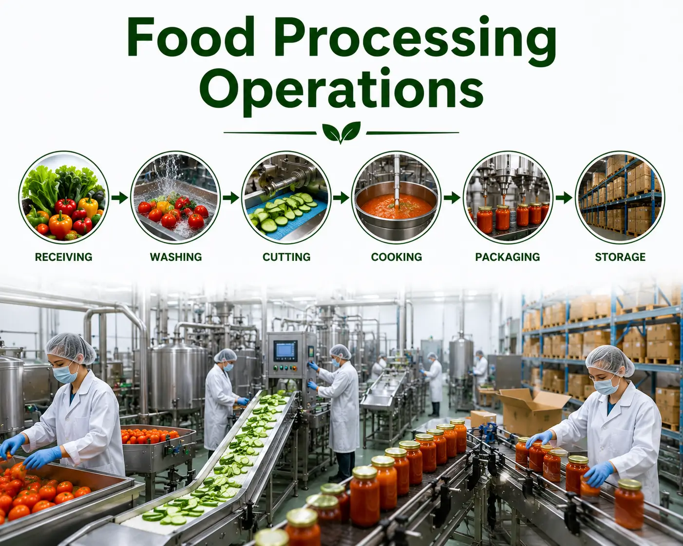Professional banner showing Food Processing Operations with industrial and laboratory visuals