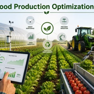 Modern educational banner for Food Production Optimization showing smart farming and technology tools