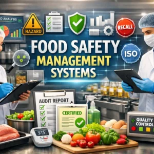 Educational banner for Food Safety Management Systems showing food inspection and quality control visuals