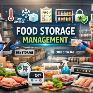 Educational banner for Food Storage Management showing cold and dry storage with food safety tools