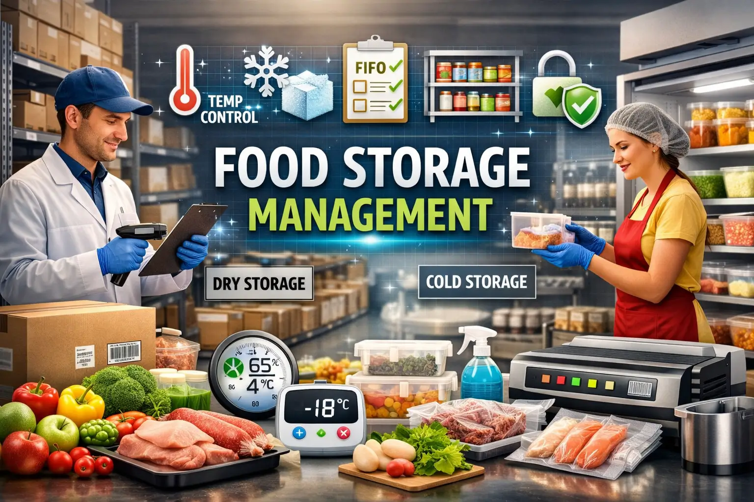 Educational banner for Food Storage Management showing cold and dry storage with food safety tools