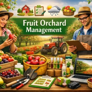 Modern educational banner for Fruit Orchard Management course showing orchard and fruit cultivation tools