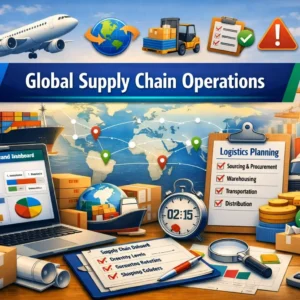 Educational course image for Global Supply Chain Operations with logistics visuals