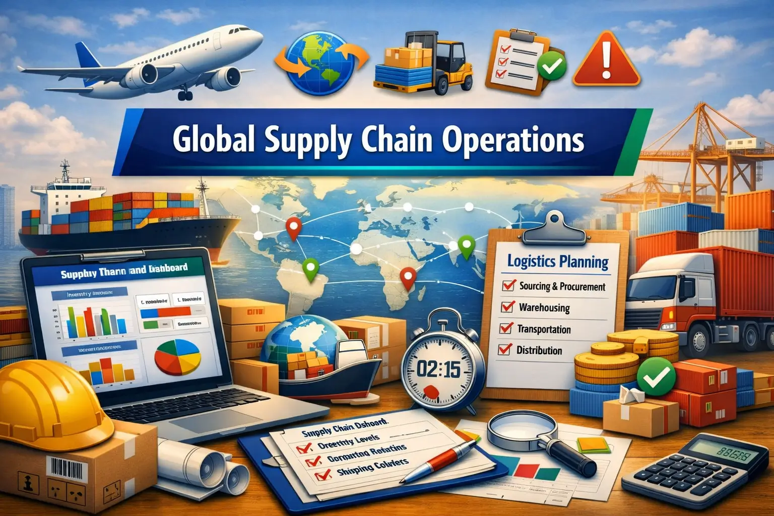 Educational course image for Global Supply Chain Operations with logistics visuals