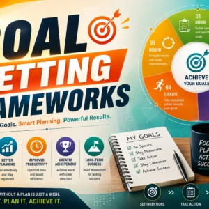 Educational banner for Goal Setting Frameworks course with planning and achievement visuals