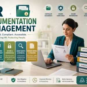 Educational banner for HR Documentation Management course with compliance and HR record visuals