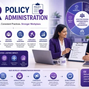 Educational banner for HR Policy Administration course with HR governance and compliance visuals