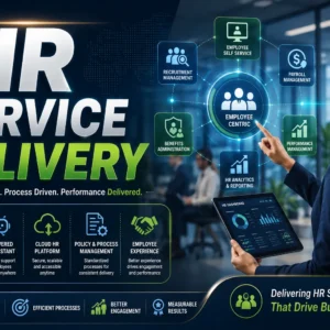 Educational banner for HR Service Delivery course with HR and employee support visuals