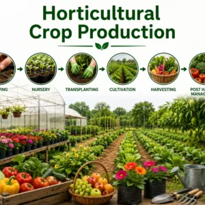 Modern educational banner for Horticultural Crop Production course showing greenhouse and crop cultivation tools