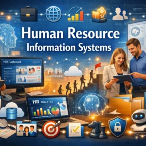 Educational banner for Human Resource Information Systems course with HR dashboards and analytics visuals