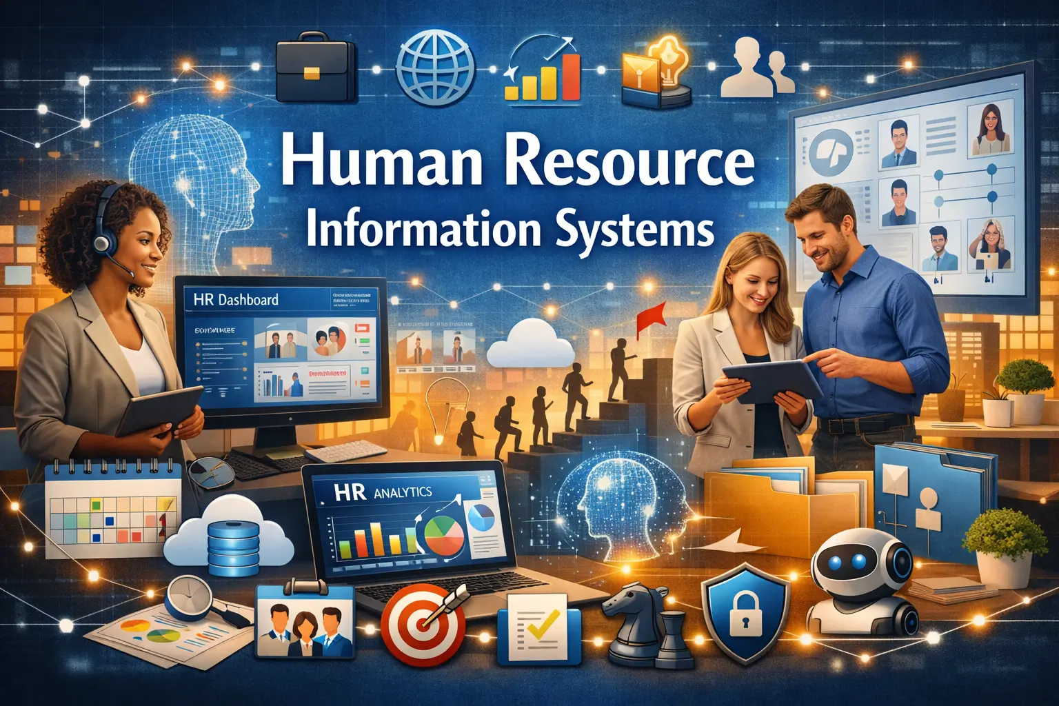 Educational banner for Human Resource Information Systems course with HR dashboards and analytics visuals