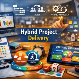 Professional Hybrid Project Delivery course image with Agile and Waterfall visuals