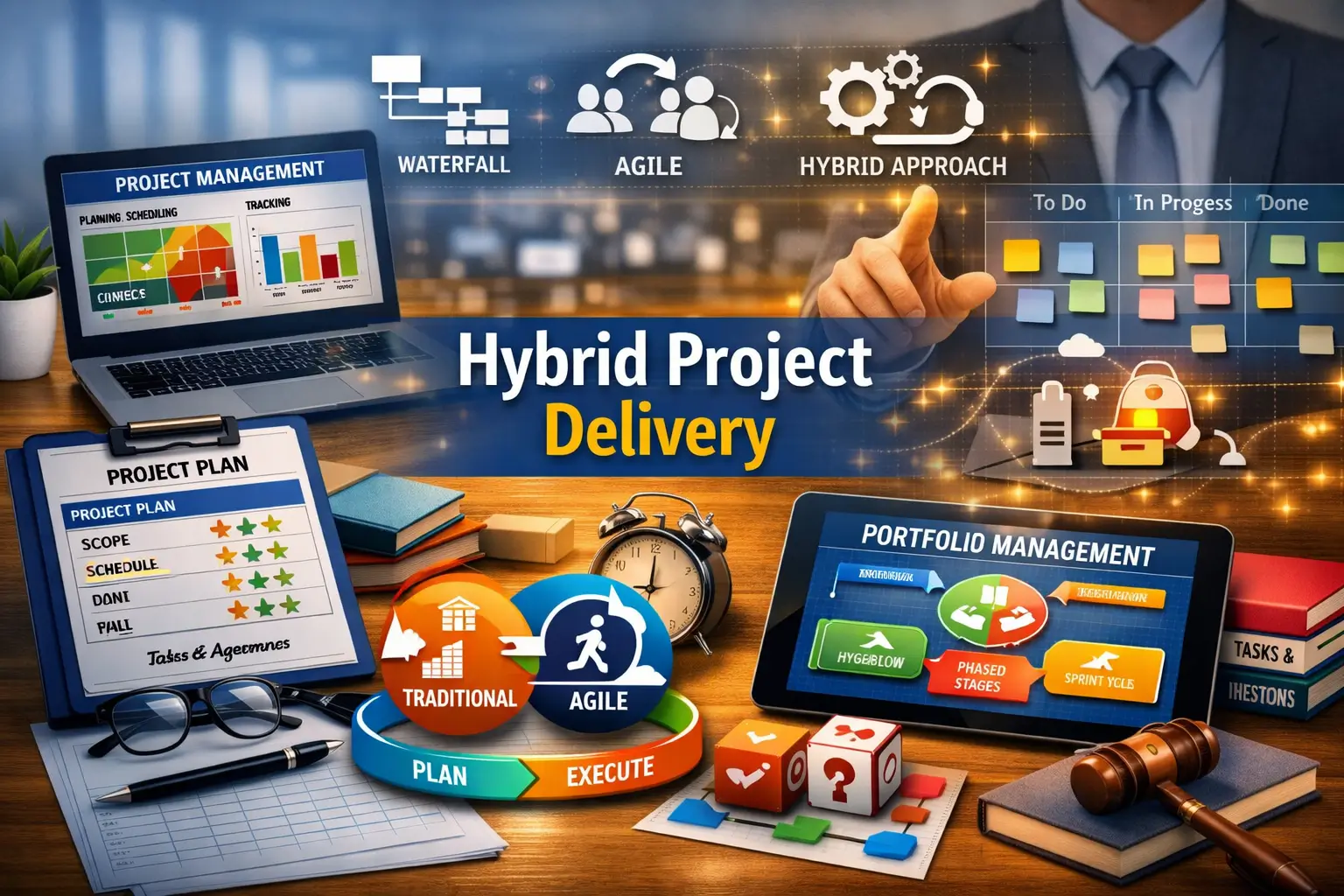 Professional Hybrid Project Delivery course image with Agile and Waterfall visuals