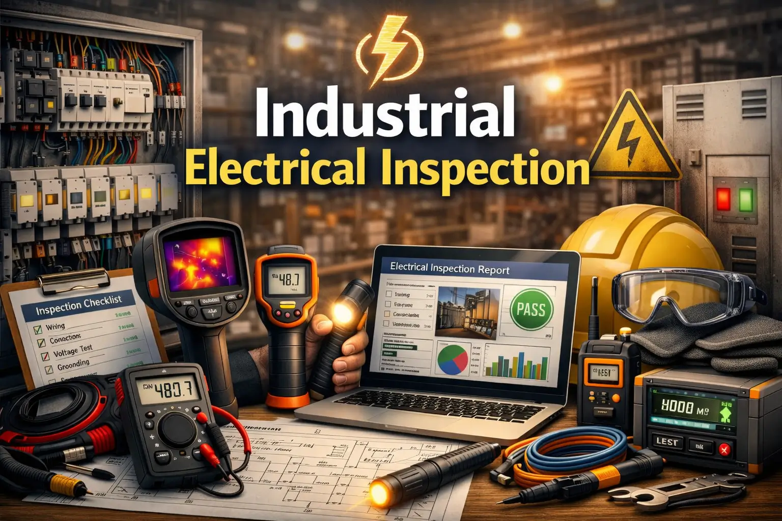 Professional Industrial Electrical Inspection course image with tools and inspection visuals