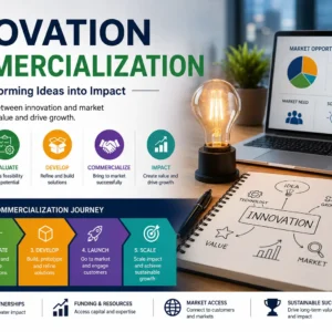 Professional Innovation Commercialization course image with product development and market visuals