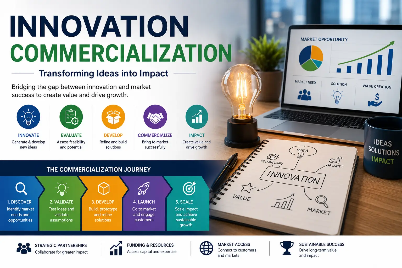 Professional Innovation Commercialization course image with product development and market visuals