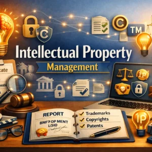 Professional Intellectual Property Management course image with patent and trademark visuals