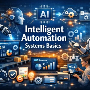 Educational banner for Intelligent Automation Systems Basics course with robotic and AI system visuals