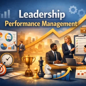 Leadership Performance Management course image with KPI charts and teamwork visuals