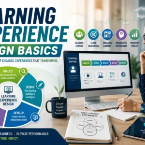 Educational banner for Learning Experience Design Basics course with instructional design and e-learning visuals