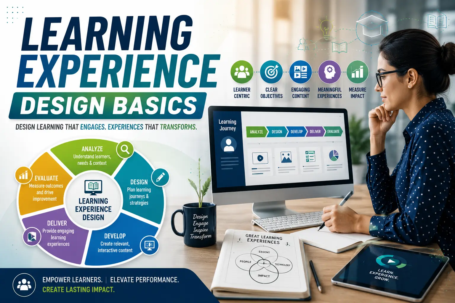 Educational banner for Learning Experience Design Basics course with instructional design and e-learning visuals