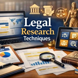 Educational course image for Legal Research Techniques with law and research visuals
